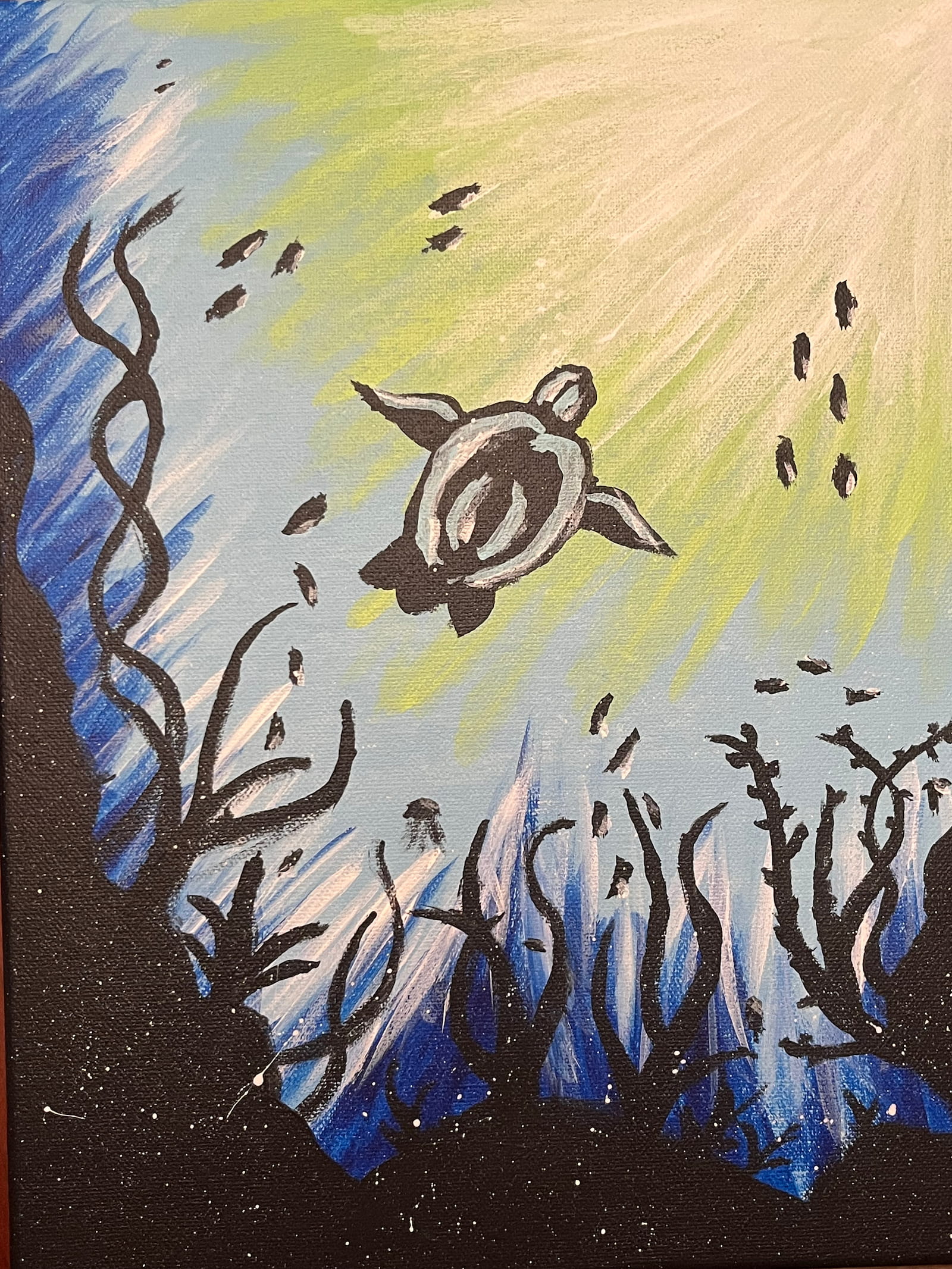 Acrylic painting of a sea turtle swimming through an underwater scene